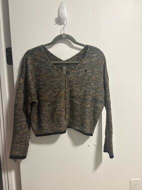 Distressed Angora Cotton Blend V Neck Sweater